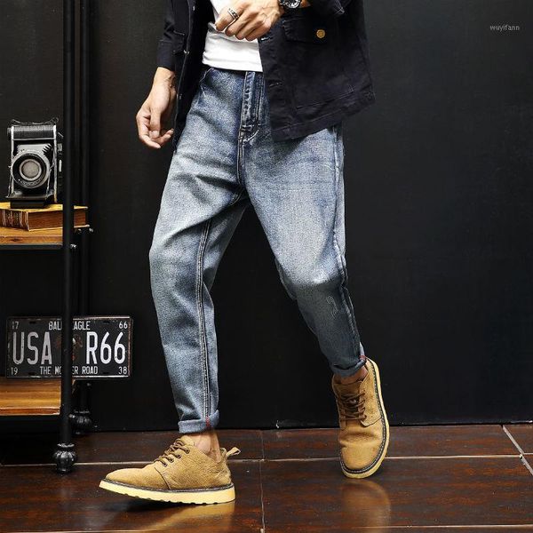 

2018 autumn and winter will code men's wear japanese jeans man leisure time tide bound feet loose solid full length pants1, Blue