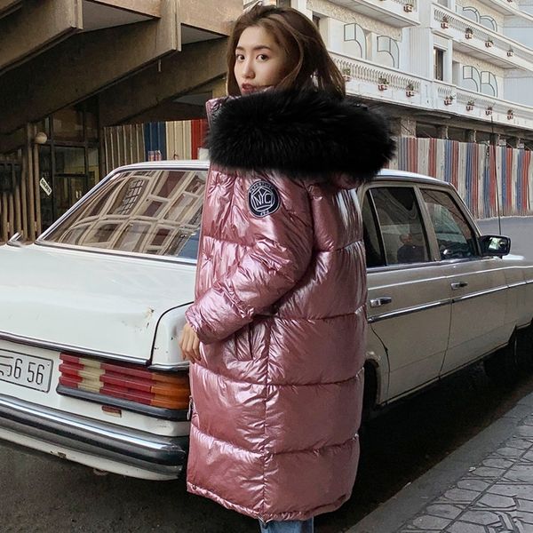 Giacca invernale di alta qualità da donna calda addensata con cappuccio con pelliccia lungo cappotto brillante tessuto elegante parka femminile 201110