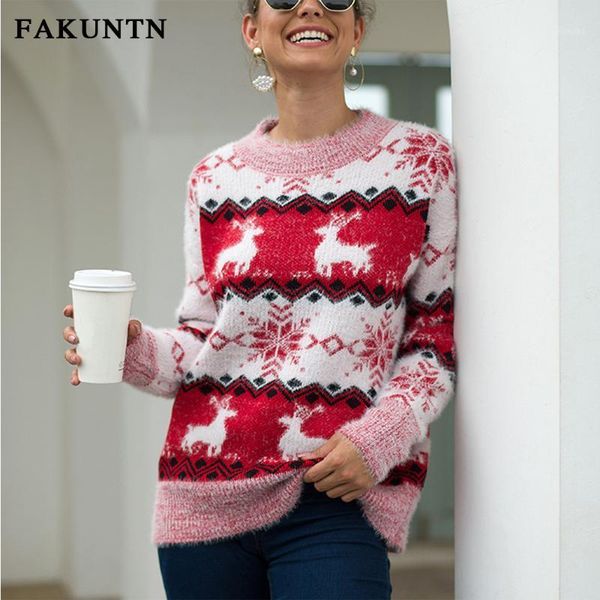 

women's christmas sweater pullover long sleeve knitted 2020 fashion autumn winter warm elk snowflake print women sweater1, White;black