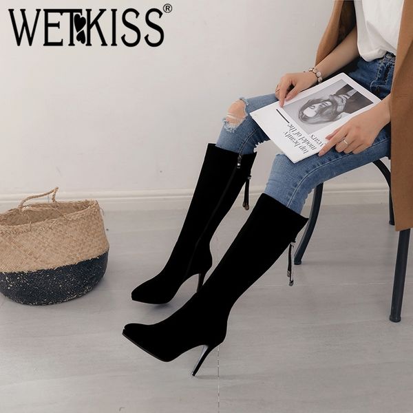 

wetkiss flock thin high heels platform women boots pointed toe footwear crystal shoes women knee high autumn female boot t200425, Black