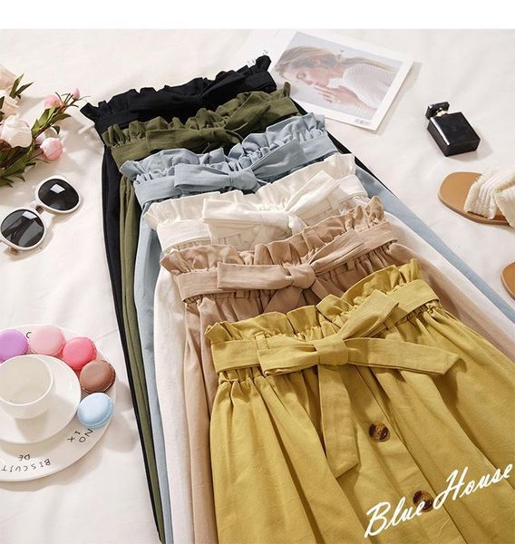 

long skirt pleated womens high waist skirt korean black sashes empire casual cotton long skirts for women1