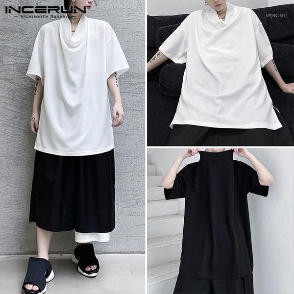 

men's t-shirts incerun men short sleeve punk t-shirt solid color t shirts fashion irregular collar korean clothes loose hombre s-5xl1, White;black