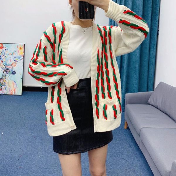 

women's sweaters autumn and winter color matching stripe v-neck twist knitted pattern cardigan thickened sweater, White;black