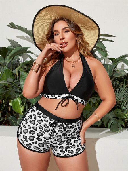 

plus leopard halter bikini swimsuit 77w4#, Black