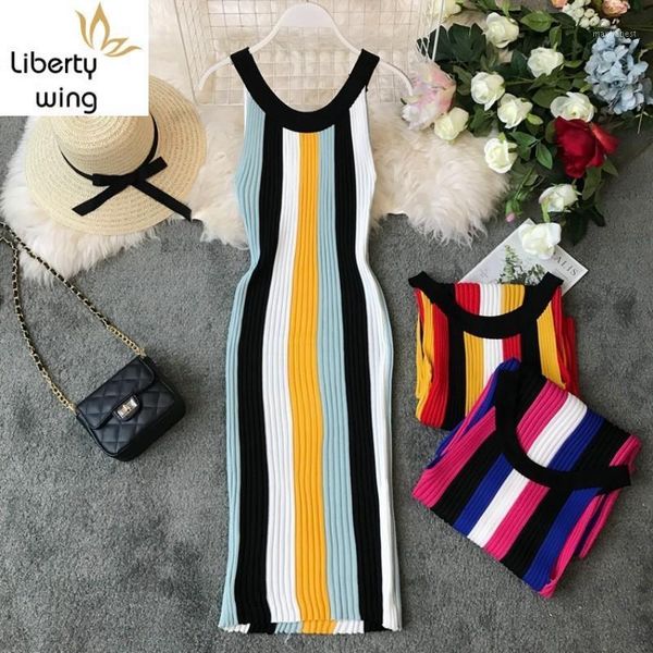 

summer new strap striped knitting female streetwear mixed colors slim fit sleeveless wrap high waist dress1, Black;gray