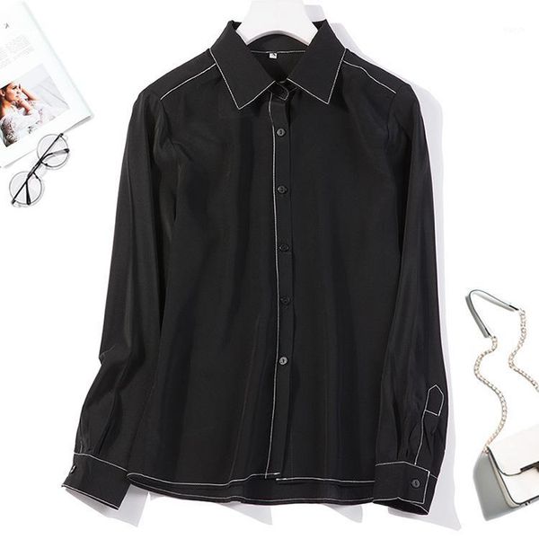 

women's 100% pure silk black white shirt blouse collared office work  l jn0661