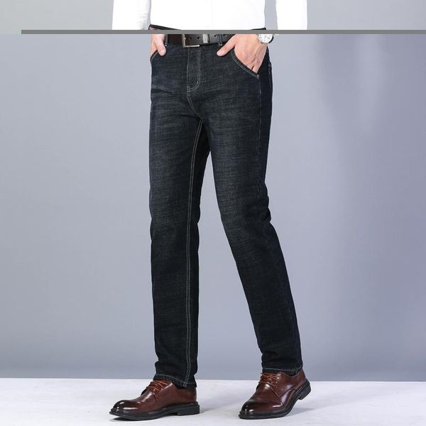 

2020 winter new men's warm slim fit jeans business fashion thicken denim trousers stretch brand pants black blue