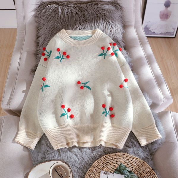 

2020 autumn winter women flower sweater long sleeve o-neck causal knitted pullover 3d cherry sweet pull jumpers pullovers c1121, White;black