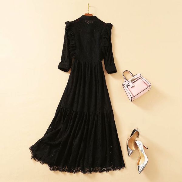 

1112 2020 autumn black flora dress fashion dress 3/4 sleeve crew neck flora print empire women's clothes as, White;black