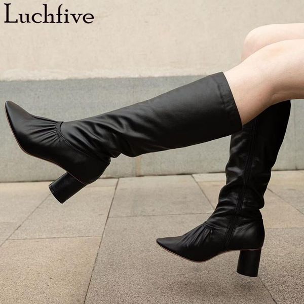 

boots fold round toe women's high heels party shoes runway leather long black white sapatos feminina