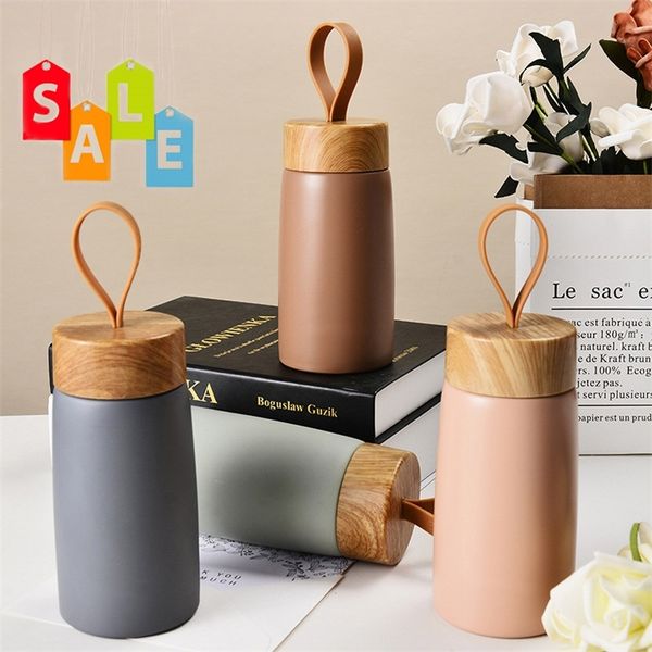 Nordic Stil Isolierte Kaffeetasse 304 Edelstahl Holzmaserung Becher Thermos Tragbare Reise Wasser Flasche Tee Becher Thermocup 201221