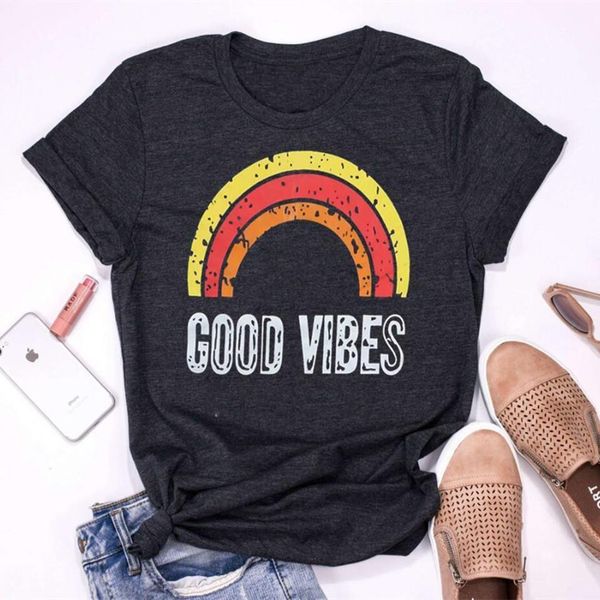 

2019 new fashion t-shirt for women rainbow and letter good vibes print harajuku tshirt casual o-neck short sleeve tee, White