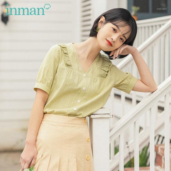 

inman 2020 summer new arrival short sleeve cotton v neck elegant style vintage sweet style women girl bloue1, White