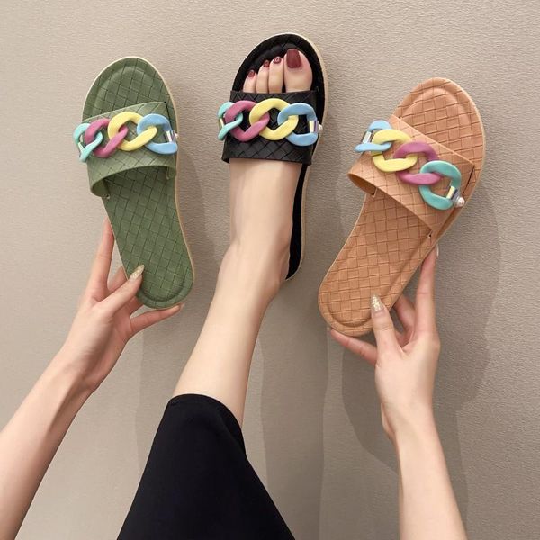 

independent station wish2021 new candy color ring slippers slippers flat color large size female sandals, Black