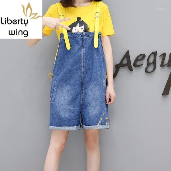 

plus size summer sweet girl pattern t-shirt denim overalls wide leg short pants casual rompers women jumpsuit 2 piece1, Blue