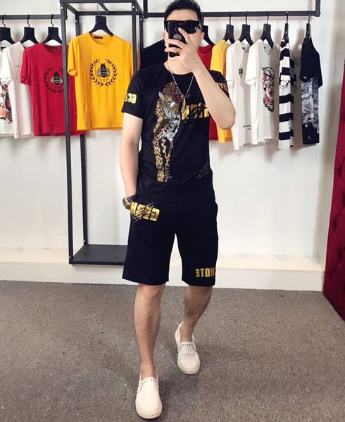

2021 new summer fashion diamond print men+shorts set short sleeve shirts casual men clothing sets tracksuit plus size idt6, Black