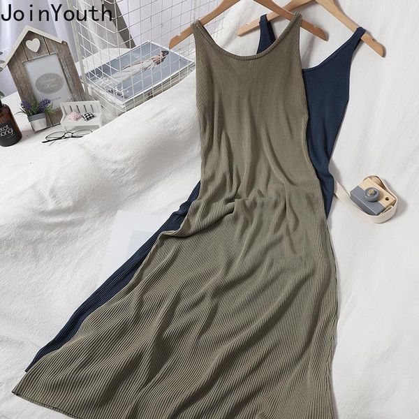 

casual dresses joinyouth dress korean fashion women maxi backless slim fit robe sleeveless solid sling knitted vestidos 7a1082, Black;gray