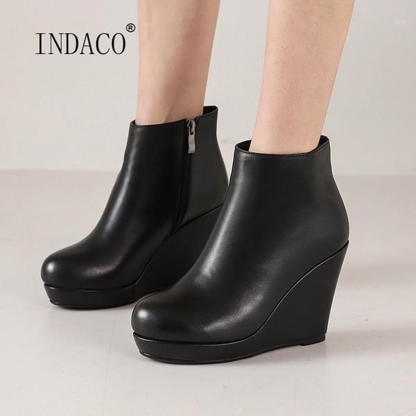 

boots wedge for women black leather high heel autumn winter shoes 9.5cm1