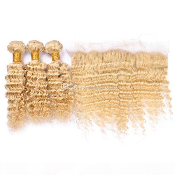 

blench blonde 613 deep wave 13x4 lace forntal with human hair weaves blonde 613 deep curly hair with ear to ear frontal, Black