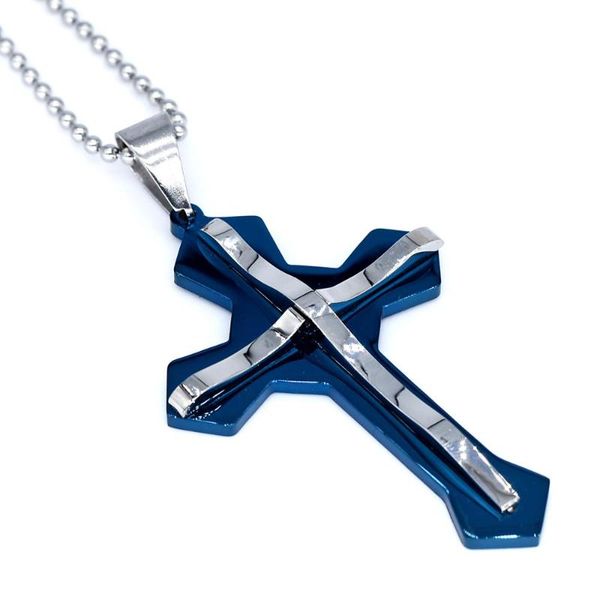 

3d blue cross pendant stainless steel chain necklace for men boys 60cm, Silver