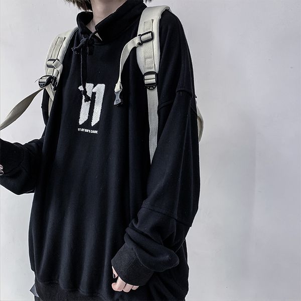 

streetwear collar sweatshirts couple hop pullover letter hip men embroidery stand hoodies hooded casual wear daily loose hxejd, Black
