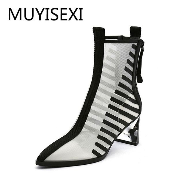 

summer boots breathable mesh pointed toe short booties fashion women pumps 6 cm high heels spring white black hl143 muyisexi t200111