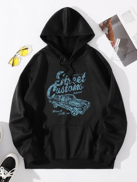 

car and letter graphic drawstring thermal lined hoodie 68gp#, White;black