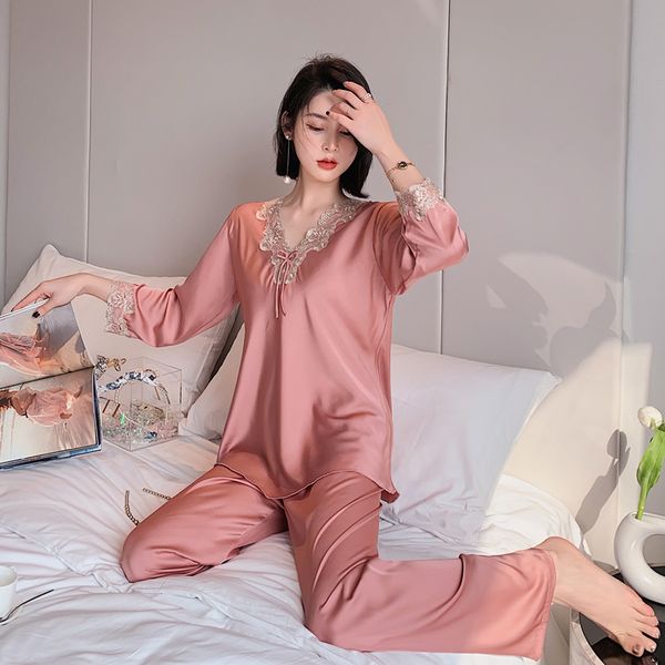

daeyard women elegant pajamas set silk long sleeve pijamas casual sleepwear lace trimmed pyjamas mujer pj set homewear 201102, Black;red