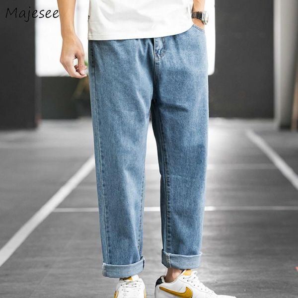 

men jeans solid all-match oversize wide leg long denim trousers summer loose trendy mid-waist blue preppy college streetwear ins