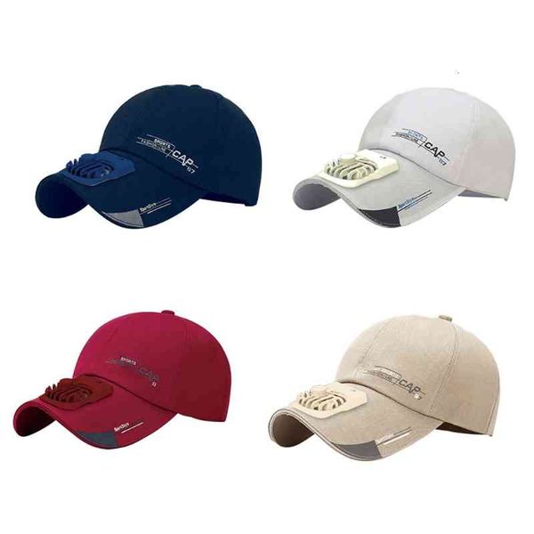 

women men summer usb charging cooling fan baseball cap outdoor golf sunscreen letters printed 2 speed adjustable peaked hat, Blue;gray
