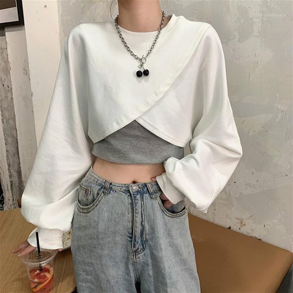 

casual hoodies women streetwear loose oversize pullover female y2k solid crop fake two piece harajuku korean 2020 autumn1, Black