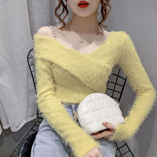 

women's knits & tees women 2021 sweet style girl bottoming imitation mink slanted shoulder strapless slim shirt streetwear, White