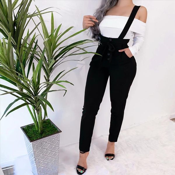 

women pants jumpsuits casual high waist solid female jumpsuits with sashes lady trousers bib pants slim fit rompers overalls d30, Black;white
