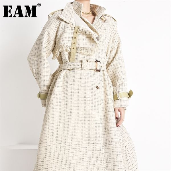 

[eam] women plaid tweed big size trench new lapel long sleeve loose fit windbreaker fashion tide autumn winter 1y39600 201031, Tan;black