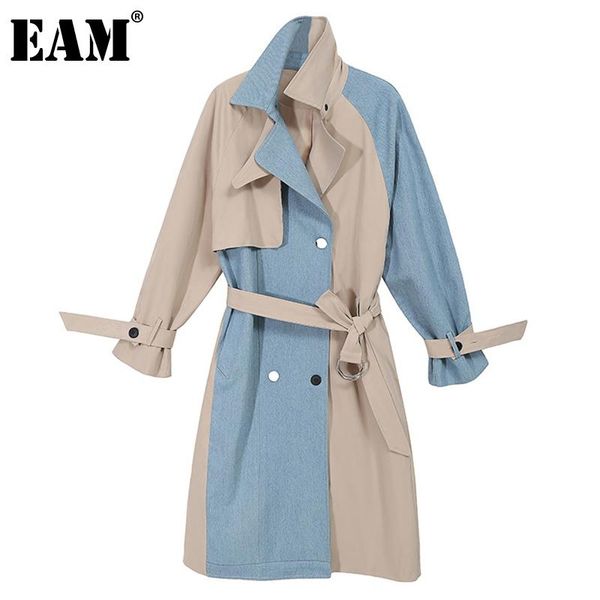 

women's trench coats [eam] women contrast color big size lapel long sleeve loose fit windbreaker fashion tide spring autumn 2021 1dd017, Tan;black
