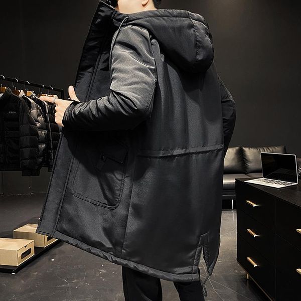 

winter jacket men hooded thicken warm parka coat casual loose mens overcoat long cotton padded jacket 5xl, Black