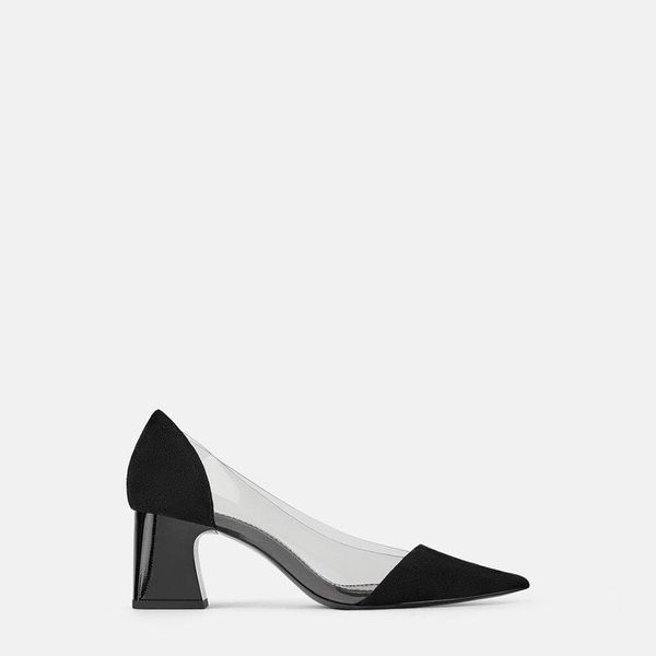 

sandals teahoo fashion women summer square heel transparent shoes side elegant pointed lady high heels1, Black