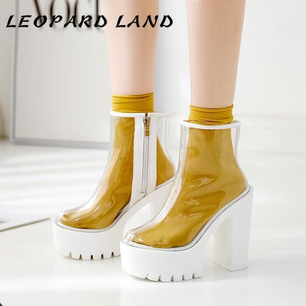 

boots leopard land 19 women clear transparent white bottom waterproof platform thick high heel round shoes df-jz750-11, Black