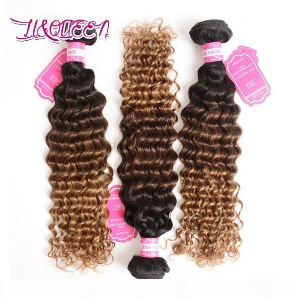 

brazilian human hair 1b 4 27 ombre deep wave virgin hair 3pcs lot three tone hair weft double weft beauty weaves, Black;brown