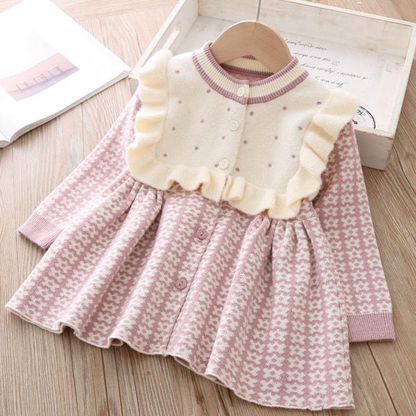 

girl's dresses 2021 sweet winter autumn girls princess kids children baby infants knitting dress ruffles long sleeves knit knitwear, Red;yellow