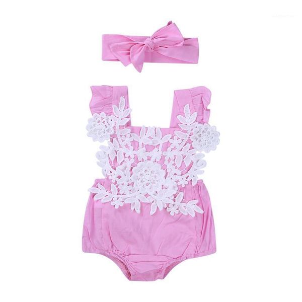 

newborn infant baby girls sweet lovely summer bodysuit short sleeve lace floral pink covered button bodysuit headband 2pcs1, White