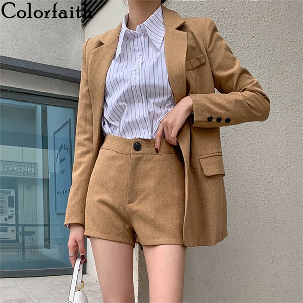 

colorfaith 2020 new summer autumn woman sets 2 piece outfits matching short pants high waist casual costume lace up suit ws20005 t200702, White