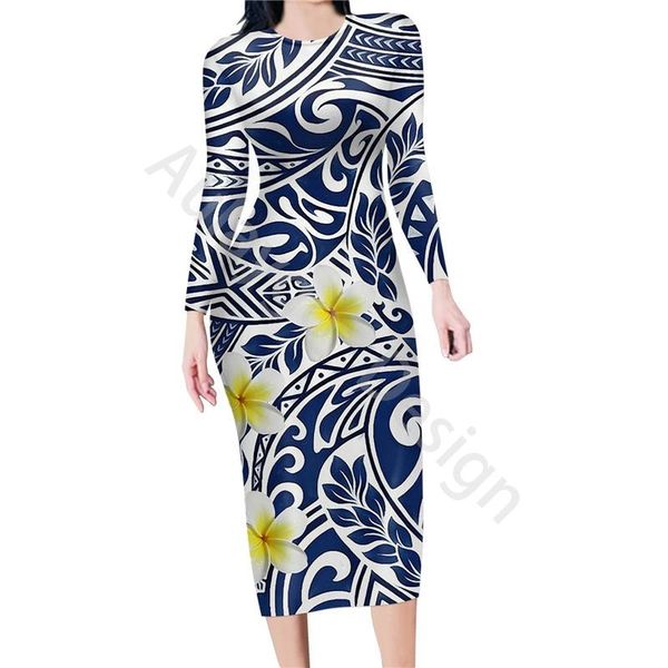 

casual dresses samoan dress plumeria print bodycon women plus size long sleeve o-neck tight for custom ropa de fiesta mujer joven, Black;gray