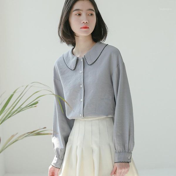 

turn-down collar loose cute solid summer blouse long sleeve shirts women 2020 cotton chiffon womens and blouses1, White