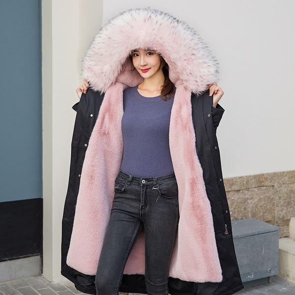 

fur from winter coat of women in the fake fox skin lining parka women's clothing korean 2020 long female warm parkas 0na3, Black