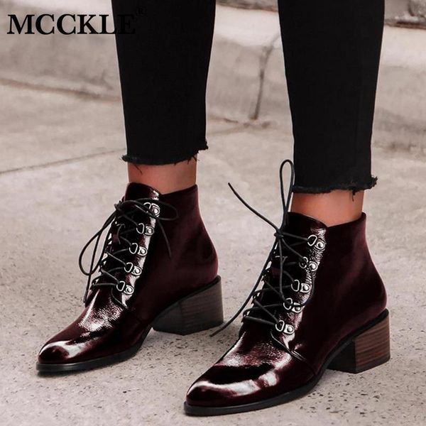 

mcckle women pointed toe ankle boots patent leather spring lace up ladies boots female square heels retro shoes woman footwear t200425, Black