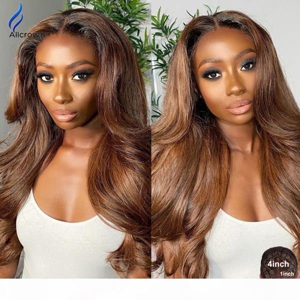 

alicrown highlight ombre t-part body wave lace front human hair wigs bleached knots brazilian non-remy lace wigs pre-plucked, Black;brown