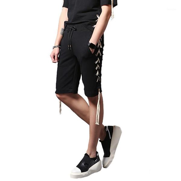 

men lacing ribbons vintage hip hop punk shorts nightclub dj singer stage costume men harajuku casual short pants bermuda mascula1, White;black