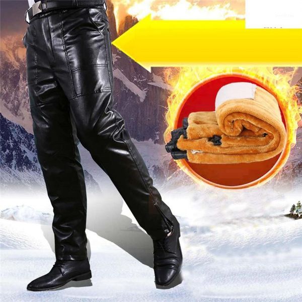 

fashion men causal pu leather pants plush thickened loose winter wear motorcycle riding windproof warm pants1, Black