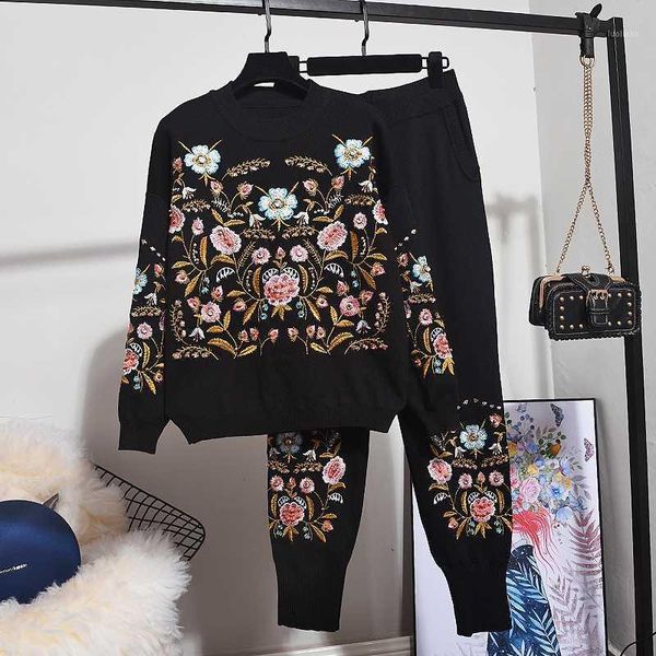 

beading embroidery flower knitted tracksuit women long sleeve sweater pencil pants set loose black knit two piece outfits female1, White